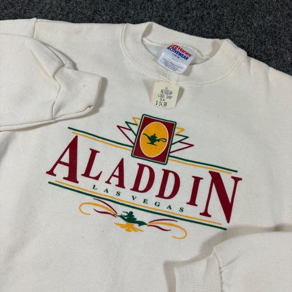 Aladdin Las Vegas Sweatshirt Hanes Cream Womens Large RUNS SMALL Vintage 90s NWT